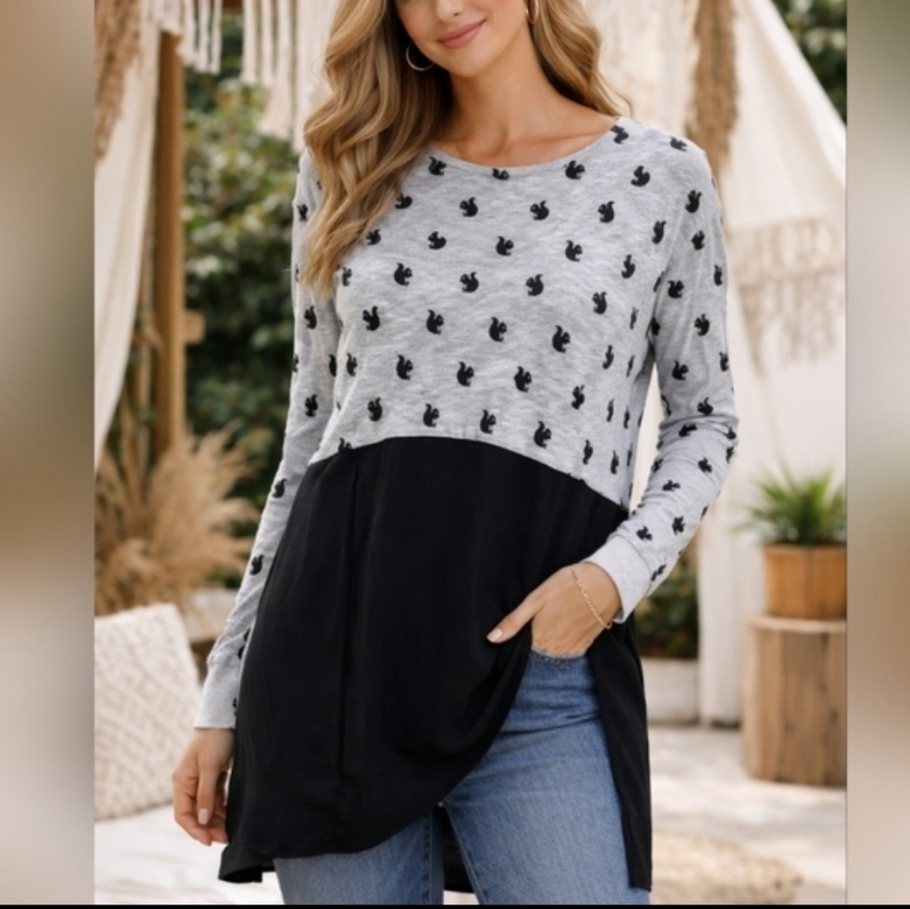 Simons Squirrel Print Tunic XS Gray Black Two Tone Long Sleeve Casual Top NWT